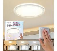 BestLuz Plafonnier LED à trois niveaux - Diamètre : 30 cm - 3000 K/4000 K/6500 K - 18 W - 1800 lm - IP44 - Avec effet rétroéclairé - Pour salon, chambre à coucher, cuisine, salle de bain - Ultra fin