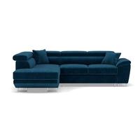 Baoji - Canapé d'angle gauche 5 places convertible avec têtières et coffre en velours côtelé - Bleu