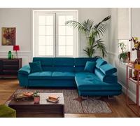Bestmobilier - Canapé d'angle Convertible avec Coffre - Angle Droit - Dimas en Velours - Canapé Lit - Sofa Bleu 5 Places - Têtières Réglables - Salon