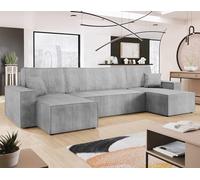 Bestmobilier - Canapé Panoramique en U Convertible avec Coffre Cezanne en Velours Côtelé - Canapé Lit - Grand Sofa XXL Gris Clair 7 Places - Salon