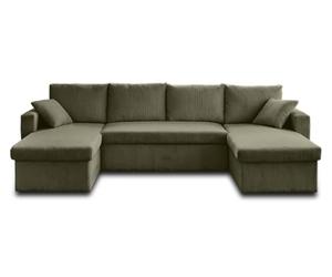 Bestmobilier - Canapé Panoramique en U Convertible avec Coffre Cyrus en Velours Côtelé - Canapé Lit - Grand Sofa XXL Vert 7 Places - Salon