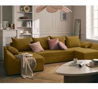 Bestmobilier - Canapé Panoramique en U Convertible avec Coffre Mike en Velours Côtelé - Canapé Lit - Grand Sofa XXL Jaune 7 Places - Salon