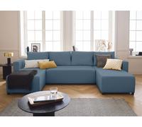 Bestmobilier - Canapé Panoramique en U Convertible avec Coffre Regala en Tissu - Canapé Lit - Grand Sofa XXL Bleu Ardoise 7 Places - Salon