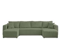 BestMobilier - Canapé Panoramique en U Convertible avec Coffre Topaze en Velours Côtelé - Canapé Lit - Grand Sofa XXL Vert Sauge 7 Places - Salon