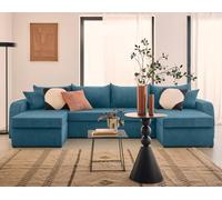 Valos - canapé panoramique en U - 7 places - convertible avec coffres - en velours côtelé - Bleu Ardoise