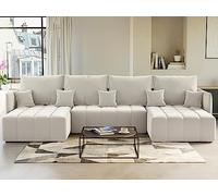 Bestmobilier - Canapé Panoramique en U Convertible Petra en Velours - Canapé Lit - Grand Sofa XXL Beige 7 Places - Salon