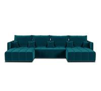 Bestmobilier - Canapé Panoramique en U Convertible Petra en Velours - Canapé Lit - Grand Sofa XXL Bleu Canard 7 Places - Salon