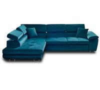 Best mobilier – Canapé d'angle gauche convertible Dimas velours bleu 5 places têtières réglables