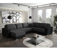 Best Mobilier - Epona - Canapé panoramique d'angle réversible 7 Places Convertible avec Coffre en Tissu, Gris/Noir