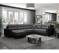 Best Mobilier - Leslie - Canapé panoramique d'angle réversible 7 Places Convertible avec Coffre en Tissu, Gris/Noir