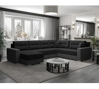 Best Mobilier - Leslie - Canapé panoramique d'angle réversible 7 Places Convertible avec Coffre en Tissu, Noir/Gris