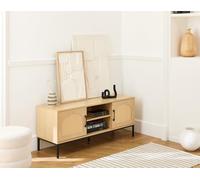 Bestmobilier - Nagato - Meuble TV - cannage et Effet Bois - 2 Portes et 2 niches - 120 cm, Bois/Noir