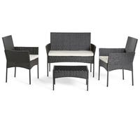 Bestmobilier - Salon Bas de Jardin Noir Marbella - en Résine Tressée - Résistant aux Intempéries et aux UV - Plateau en Verre Trempé - Coussins Déhoussables Beiges - 4 Places