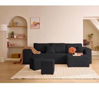 Best Mobilier - Topaze - canapé d'angle réversible 4 Places - Convertible avec Coffre, Tablette et poufs - en Velours côtelé, Noir