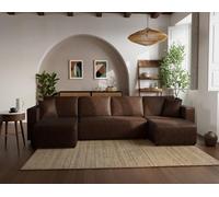 Bestmobilier - Topaze - canapé panoramique en U 7 Places Convertible avec Coffre en Simili, Marron