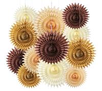 BestoFun Lot de 12 éventails en papier beige - Pompons en tissu - Fleurs marron - Guirlande de fleurs à suspendre - Ivoire - Décoration pour fête d'enfant - Décoration d'anniversaire de mariage - Baby