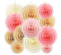 BestoFun Lot de 12 éventails en papier beige - Pompons en tissu - Fleurs marron pêche - Guirlande de fleurs suspendues - Ivoire et rose - Décoration pour fête, anniversaire, mariage, fête prénatale