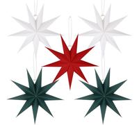 BestoFun Lot de 5 étoiles en papier vert foncé 30 cm 9 branches - Rouge - Étoiles pliantes à suspendre - Blanc - Décoration de Noël - Décoration de table, de pièce, pour mariage