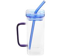 BESTOMZ Verre à Café Glacé Transparent 300ml en Verre et Silicone Bleu | Bec Haut, Style Moderne Simple, Paille Incluse, pour Lait, Cocktails, Maison, Fêtes