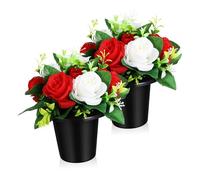 BESTonZON 2 pièces Fleurs de Cimetière Pot Petit Format Blanc et Rouge Décorations Funéraires Artificielles Résistantes Aux Intempéries pour Tombes et Mémoriaux