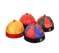 BESTonZON 4 Pièces Chapeau d'Empereur Qing pour Cosplay Adulte, Couvre-Chef Traditionnel avec Tresses, Taille 9 Grosse Tête, Couleurs Rouge-Bleu, Rouge-Noir, Jaune Bord Rouge et Motif Prune,
