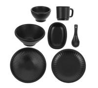 BESTonZON 7 Pièces Miniature Japanese Style Alloy Dinnerware Set Small Striped Bowls Plates Mugs for Pretend Play Dollhouse Kitchen Decoration