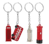 BESTonZON Boîte aux Lettres Vintage Style Anglais Horloge Monumentale Pendentifs Bus à Impériale Cabine Téléphonique Lot de 4 Porte-clés en Alliage de Zinc Accessoire Main Présent