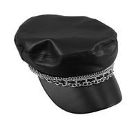 BESTonZON Casquette de Marin Femme Noire en Cuir PU Respirant, Visière Courte Plate, Double Chaîne Décorative, Taille Ajustable 56-60 Cm, Style Vintage Britannique pour Sorties et Soirées