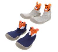 BESTonZON Chaussettes-Pantoufles Souples pour Tout-Petits Semelle Antidérapante Taille 22/23 Lot 2 Paires Bleu Renard et Gris Tigre Chaussures Confortables pour Bébé Garçon et Fille