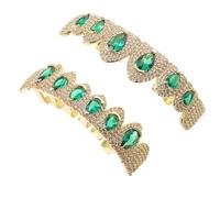 BESTonZON Paquet 1 Paire de Grilles Dentaires Décorées Dorées avec Pierres Vertes, Ensemble de Calottes Dentaires Supérieures Ornementées pour Cosplay Hip-hop, Bijoux de Fête Buccaux