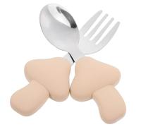 BESTonZON Set de Couverts pour Garçon Fille Silicone Souple Fourchette Courte et Cuillère Incurvée Inox Entraînement et Sécurisée pour Nourrissons Beige