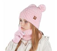 BESTORI Enfants Bonnet Tricoté Écharpe Gants Ensemble Accessoires d'hiver Gants à Écran Tactile Bonnet Enfant Hiver avec Pompon Tour de Cou pour Fille Garçon 4-10 Ans, Rose 01