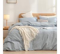 BESTOUCH Parure de lit 3 pièces avec Housse de Couette 100% Coton lavé au Toucher Lin, Super Douce, Confortable, Chic et légère, Bleu Bleuet, très Grand lit