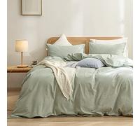 BESTOUCH Parure de lit 3 pièces avec Housse de Couette 100% Coton lavé au Toucher Lin, Super Douce, Confortable, Chic et légère, Vert Sauge, très Grand lit
