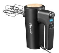Bestron Batteur electrique cuisine, Batteur mixeur à main puissant avec 6 vitesses, fonction turbo et écran LCD, livré avec 2 fouets et 2 crochets pétrisseurs, poids léger de 1 kg, couleur: Noir/Bois