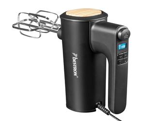 Bestron Batteur electrique cuisine, Batteur mixeur à main puissant avec 6 vitesses, fonction turbo et écran LCD, livré avec 2 fouets et 2 crochets pétrisseurs, poids léger de 1 kg, couleur: Noir/Bois