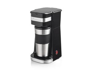 Bestron Cafetière avec tasse isotherme pour café filtre moulu, Machine à café 2 pour grandes tasses, idéal pour le camping, préparation rapide, 750 W, Couleur: Argent