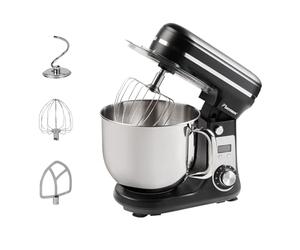 Bestron Robot Patissier, Robot pâtissier super silencieux (65 dB), Robot de cuisine 4-en-1, bol de 6 litres, inclus crochet pétrisseur, fouet et batteur plat, 6 vitesses + fonction Pulse, Noir Mat