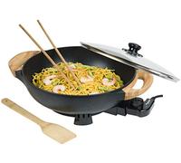 Bestron Wok électrique avec poignées en bambou, poêle wok XL avec couvercle en verre au design asiatique, avec spatule en bambou, 2 baguettes de cuisson et livre de recettes, 1500 W, noir, 5 l