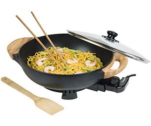 Bestron Wok électrique avec poignées en bambou, poêle wok XL avec couvercle en verre au design asiatique, avec spatule en bambou, 2 baguettes de cuisson et livre de recettes, 1500 W, noir, 5 l