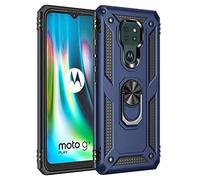 BestST Coque Motorola Moto G9 Play/Moto E7 Plus/G9, + Verre trempé, Étui de Protection Soft TPU + PC, Heavy Duty, Slim Dual Layer Protective Housse Etui Coque avec Support de Bague en métal, Bleu