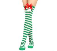 Besttoolifes Chaussettes de Noël rayées au-dessus du genou pour femme, chaussettes longues avec nœud, matériau polyester, 50 cm de long, cosplay de vacances (3)