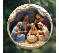 Besttoolifes Pendentif de naissance de Jésus 2025 - Décoration de Noël en verre teinté à collectionner avec ruban et carte (C et C)