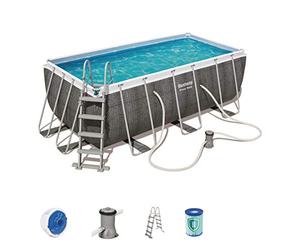 Bestway 56722 Power Steel - Piscine hors sol rectangulaire, 412 x 201 x 122 cm, échelle de sécurité et distributeur chimique ChemConnect, effet rotin gris