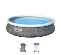 Bestway 57376 Piscine Hors Sol Fast Set™ Ronde Motif Rotin Gris 396 X 84 cm, Pompe de Filtration, bleu