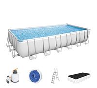 Bestway Frame Pool Power Steel Set, Gris Clair, Pompe à Filtre à Sable Rectangulaire + Accessoires 56475, Gris, 732 x 366 x 132 cm