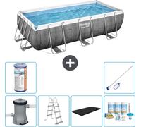 Bestway Piscine rectangulaire Power Steel - Impression rotin - 404 x 201 x 100 - pompe incluse - couverture échelle - kit d'entretien - filtre - kit de nettoyage