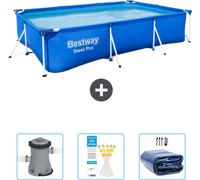 Bestway Piscine rectangulaire Steel Pro - 300 x 201 x 66 cm - Bleue - fournie avec pompe - bande d'essai - voile solaire