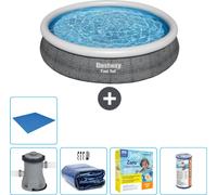 Bestway Piscine ronde gonflable Fast-Set - Impression rotin - 366 x 76 cm - pompe incluse Voile de soleil - Kit d'entretien - Filtre - Bâche de fond