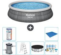 Bestway piscine ronde gonflable Fast-Set - impression rotin - 457 x 107 cm - pompe incluse - échelle couverture - kit d'entretien - filtre - bâche de fond